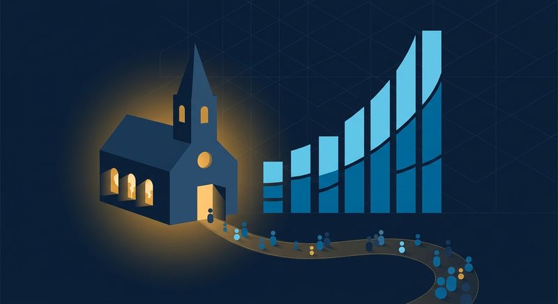 A church with glowing windows beside ascending growth bars