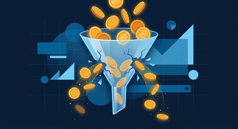 7 common Google Ads mistakes illustrated as gold coins escaping a cracked funnel