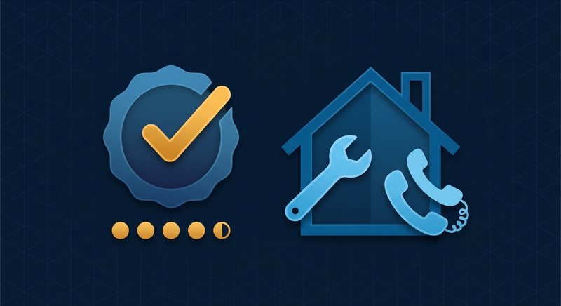 A verification badge beside a house with a wrench and phone icon