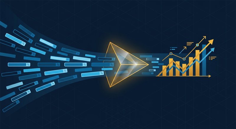 Search terms flowing through an amber prism into an insight chart