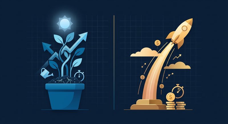 SEO versus PPC illustrated as a growing plant beside a launching rocket
